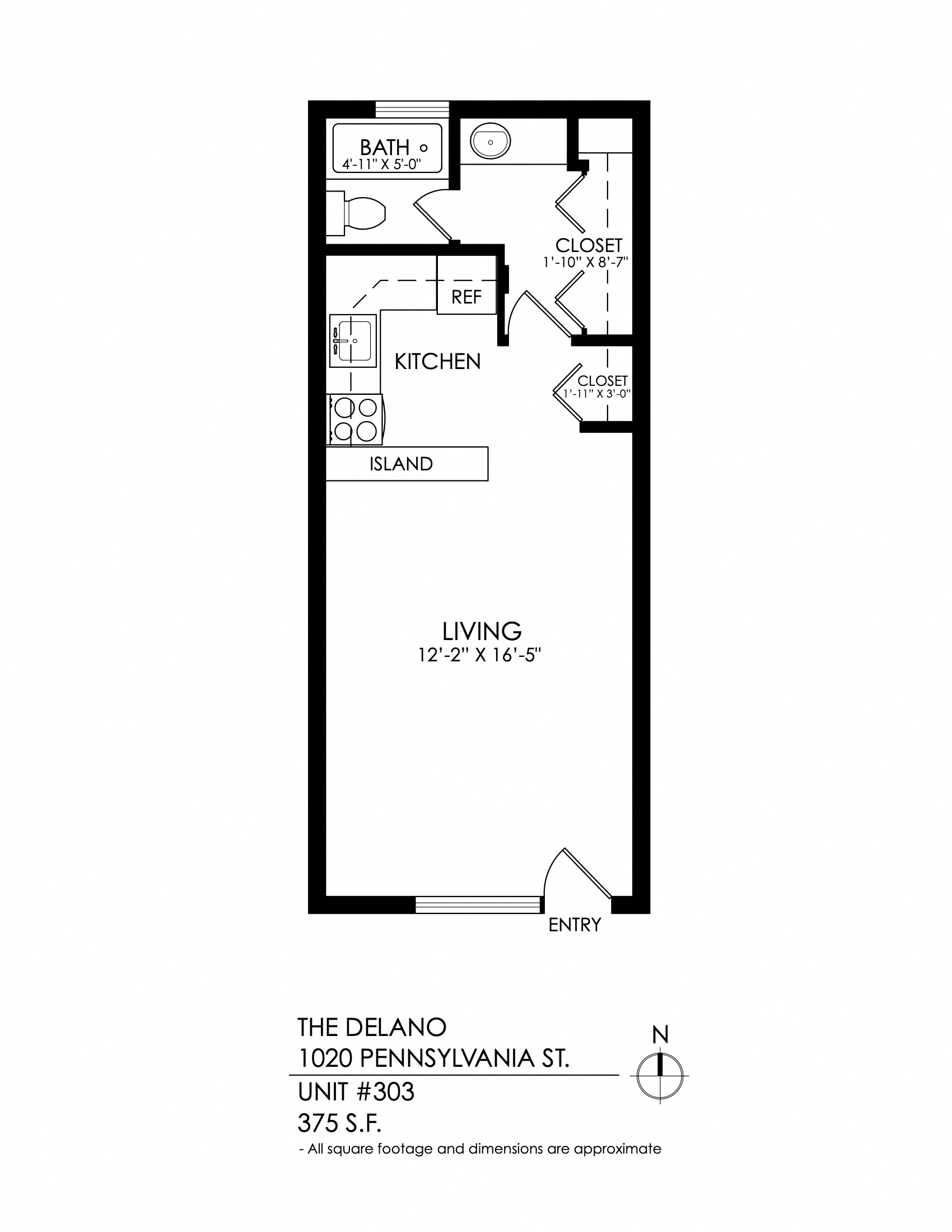 Floor plan for studio, 1 bath, 370 sqft